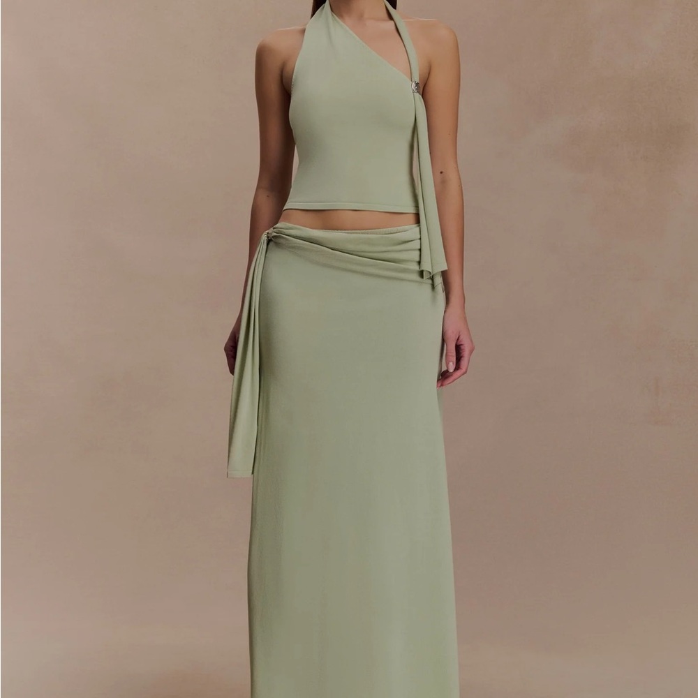 Meshki Sage Maxi Skirt
Xanthia knit halter and Bowie low rise knit maxi skirt